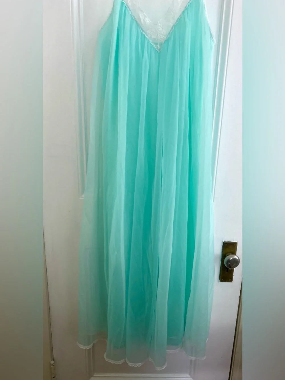 VTG Sabrina by Mervyn’s Turquoise Sheer Nightgown Maxi Satin Slip Dress M - Picture 3 of 6